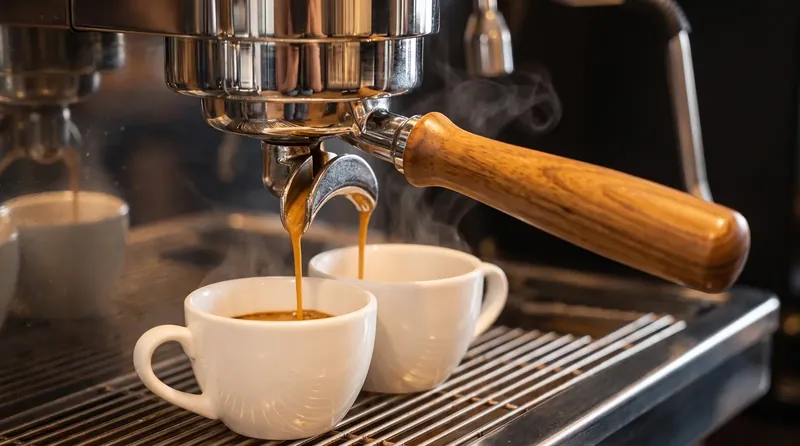 Espresso spływające do dwóch białych filiżanek